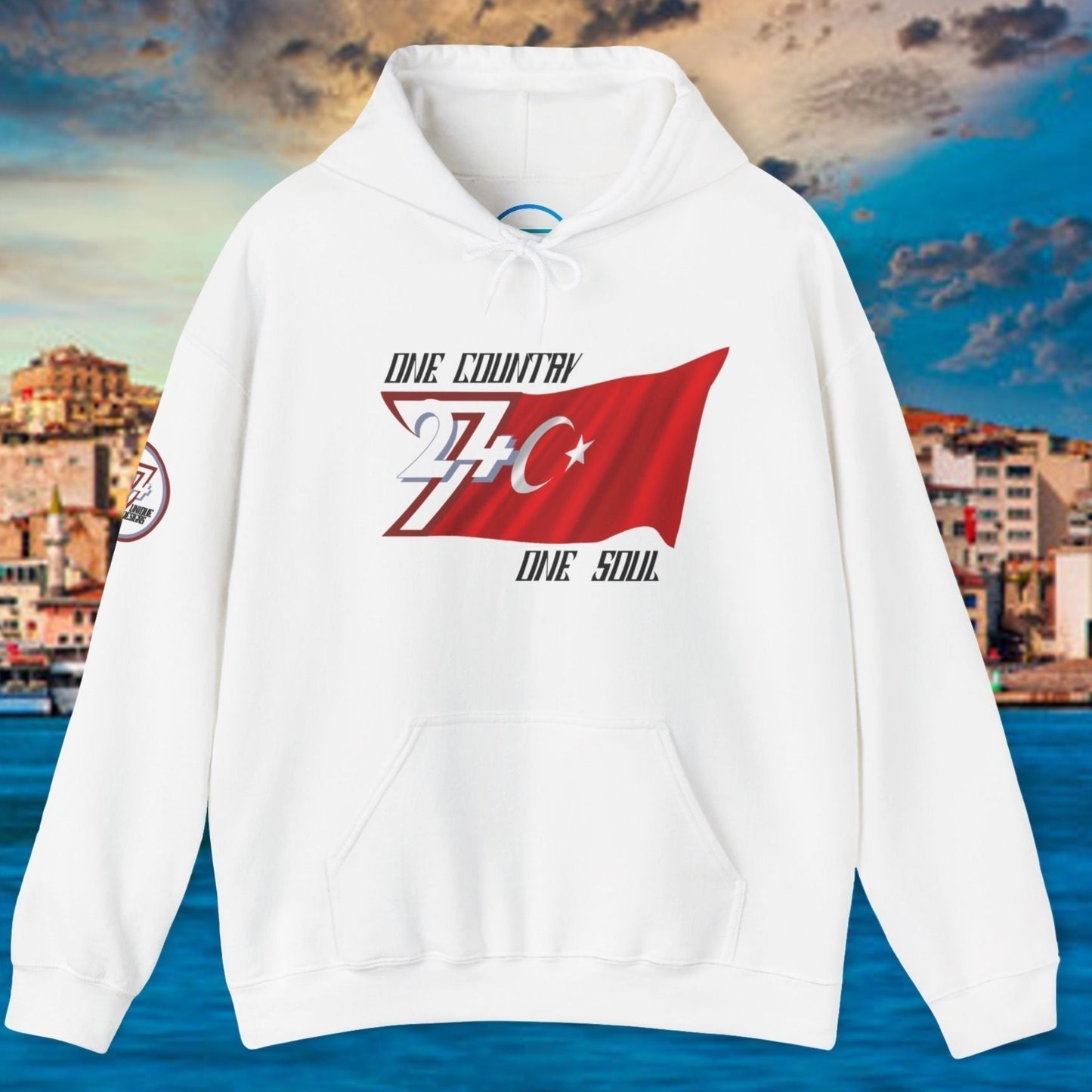 Premium White Türkiye flag hoodie featuring the hand-drawn national flag and 24/7 branding.