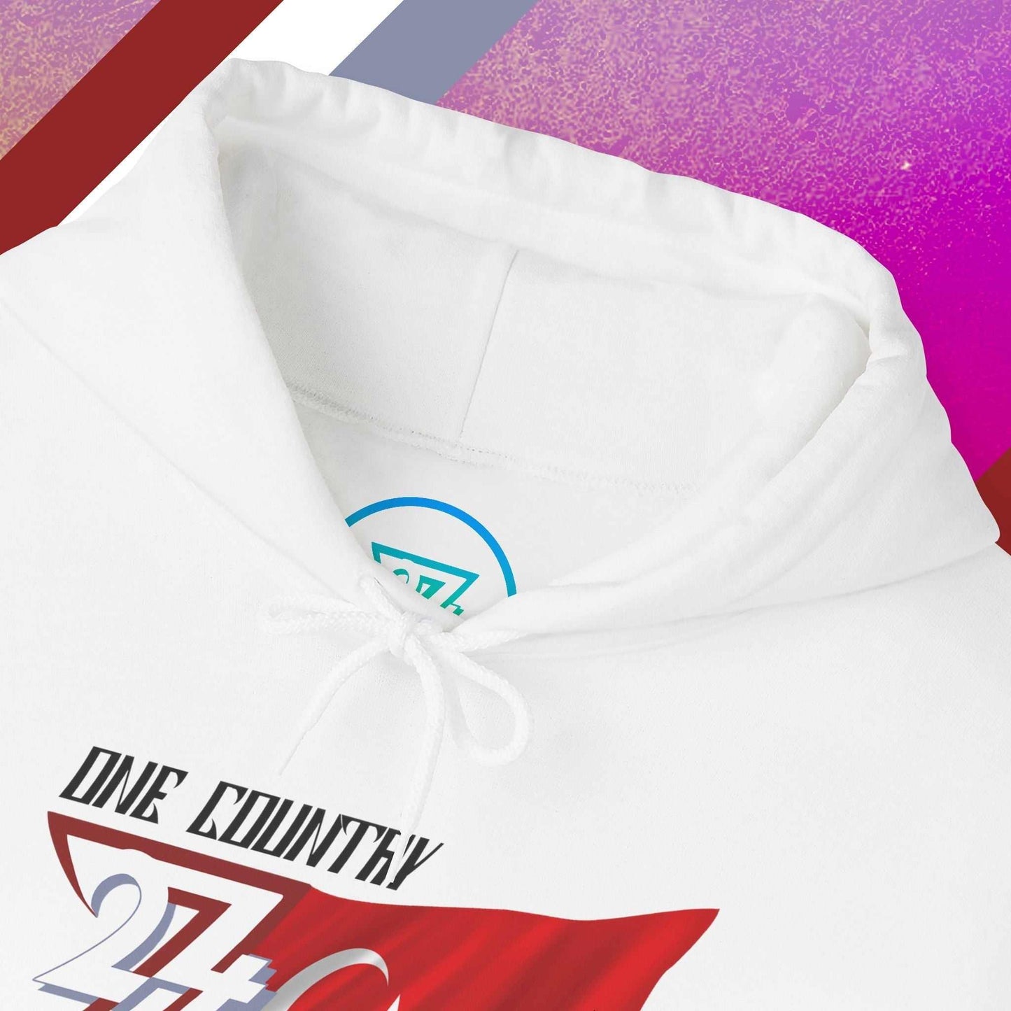 Macro close-up of the inner neck area showing the tear-away label and authentic 24/7 Unique Designs trademark logo.