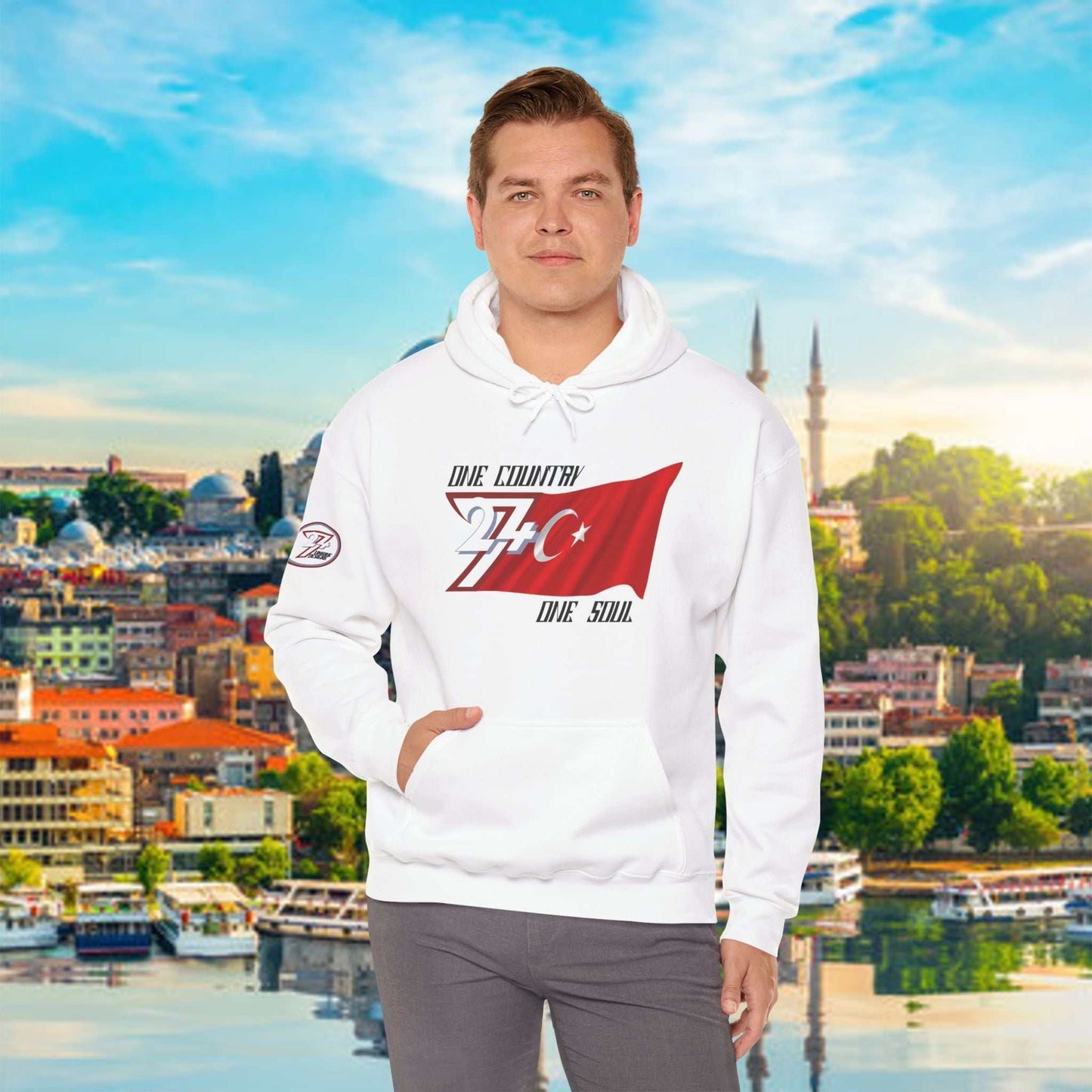 Model wearing the Türkiye "Crescent" edition hoodie in White, showing a modern, refined streetwear look.
