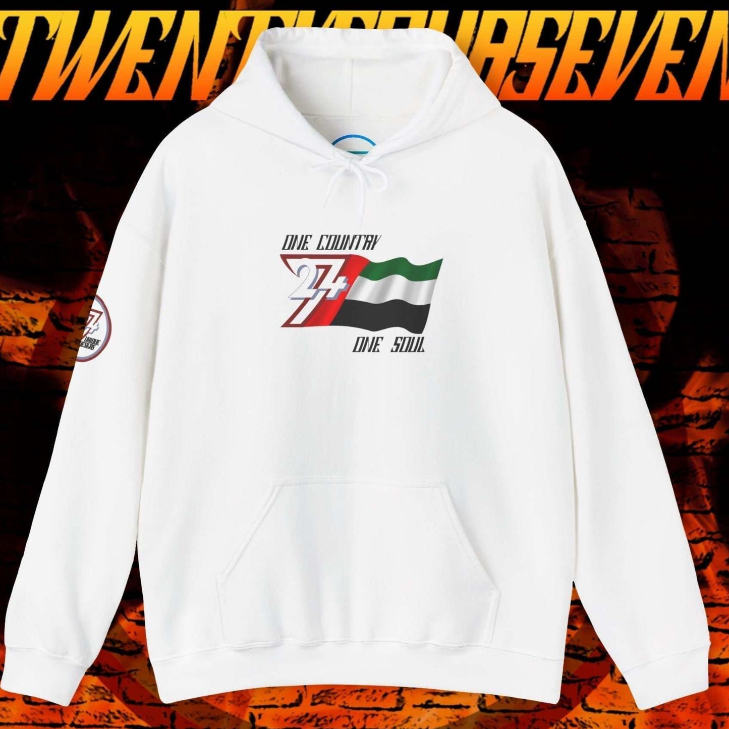 Premium White UAE flag hoodie featuring the hand-drawn national flag and 24/7 branding.
