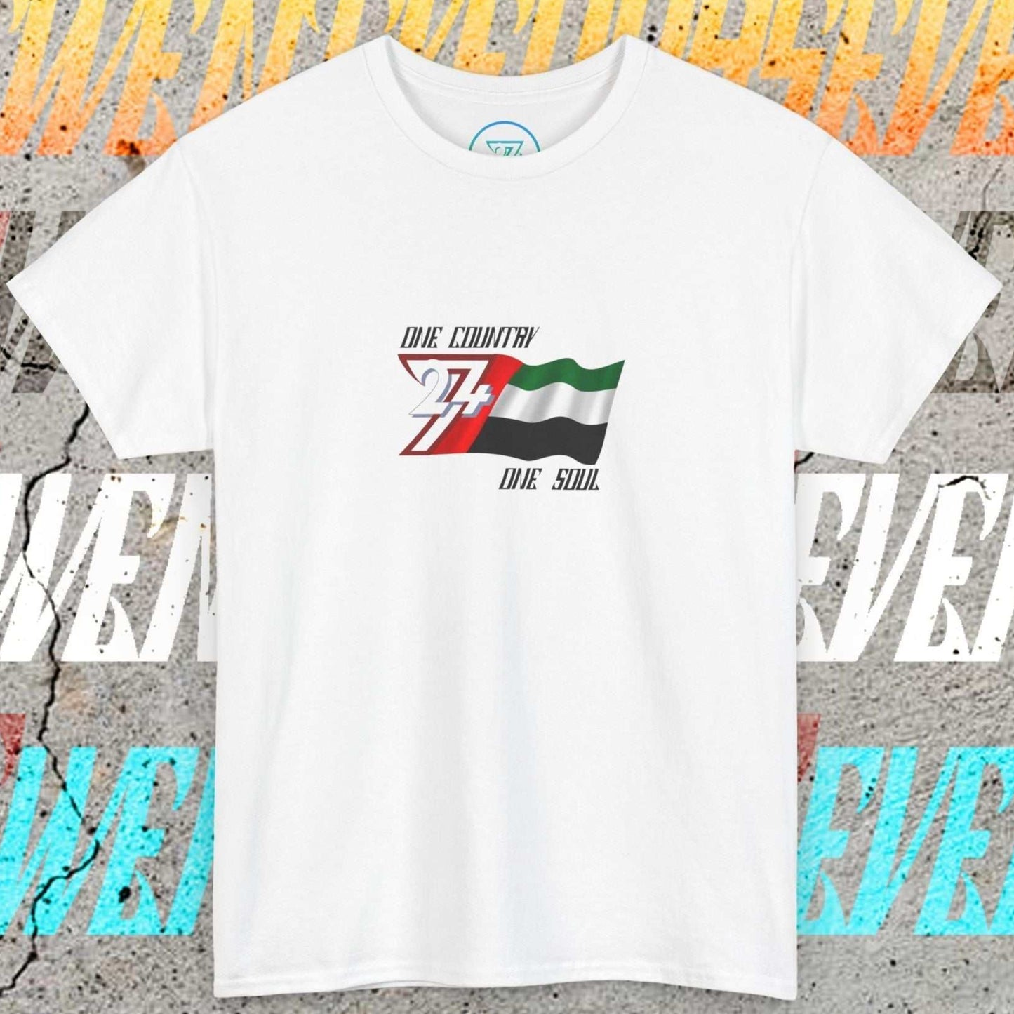 Full front view of the White UAE flag t-shirt featuring a refined hand-drawn design and "One Country One Soul" slogan.
