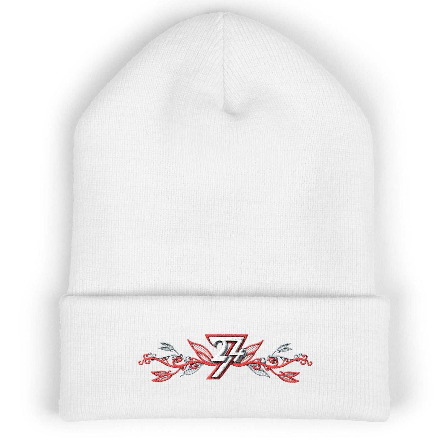 Solid white cuffed beanie front view featuring a custom red and white embroidered floral vine design with the 24/7 logo.
