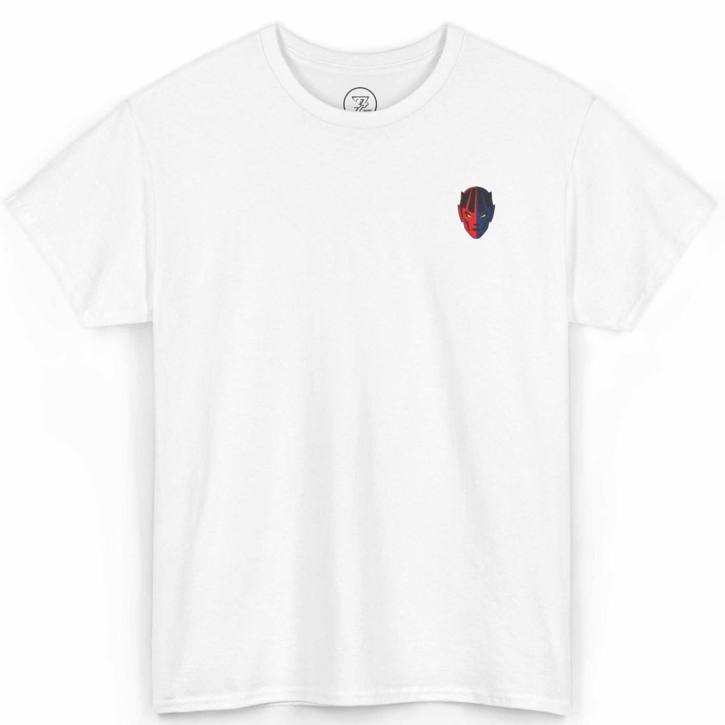 Front view of a white unisex bodybuilding graphic tee featuring the small dual-colored ALK comic emblem on the left chest, displayed on a clean background.