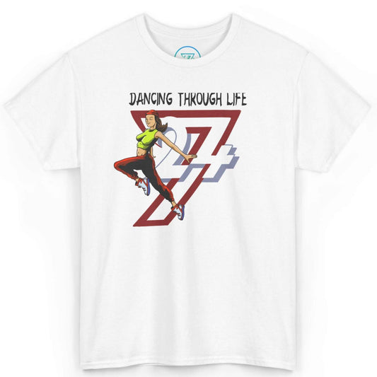 Front view of a crisp white urban streetwear comic art t-shirt showcasing the 90s hip-hop dancer graphic, laid flat on a clean background.