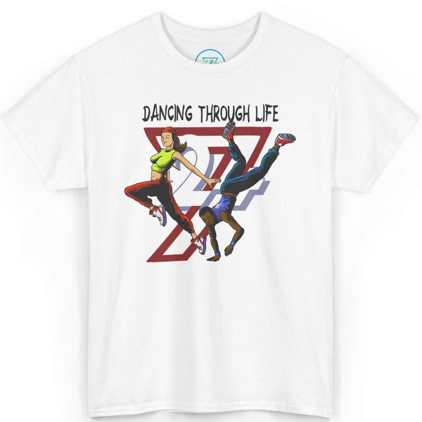 Front view of a crisp white urban streetwear comic art t-shirt showcasing the 90s hip-hop crew graphic, laid flat on a clean background.