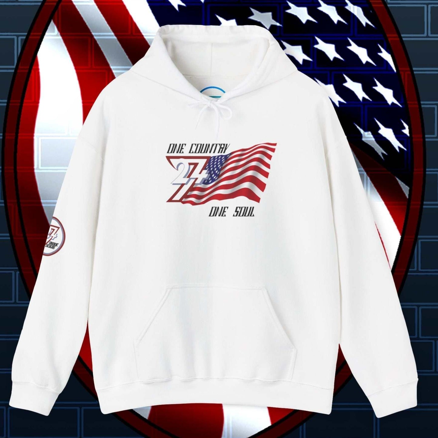 Premium White USA flag hoodie featuring the hand-drawn national flag and 24/7 branding.