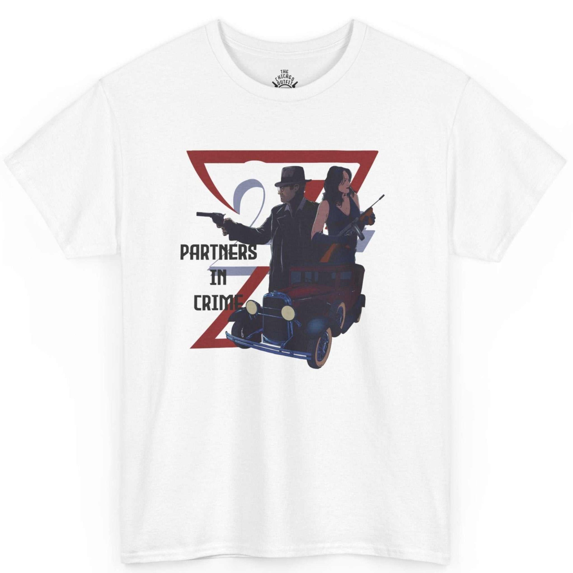 Front view of a crisp white vintage Chicago mafia graphic tee showcasing the bold comic-style gangster artwork, laid flat.