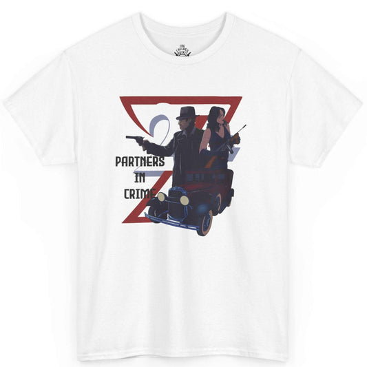 Front view of a crisp white vintage Chicago mafia graphic tee showcasing the bold comic-style gangster artwork, laid flat.