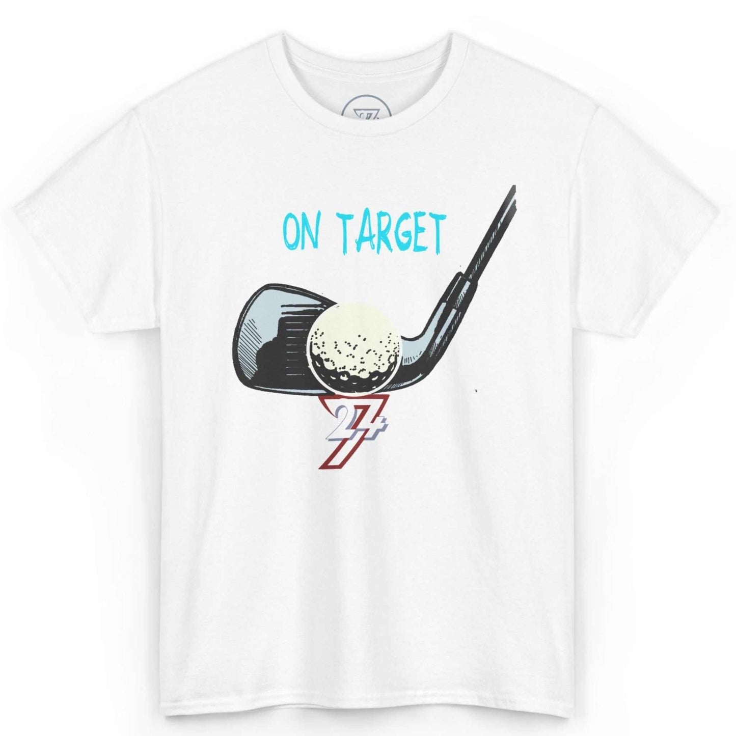 Front view of a crisp white vintage golf graphic tee featuring the hand-drawn On Target golf club art, displayed on a clean background.