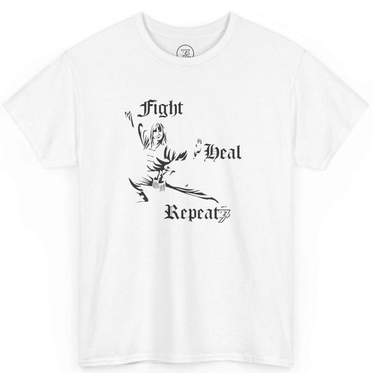 Front view of a crisp white vintage Kung Fu t-shirt featuring the black ink hand-drawn forms champion silhouette, displayed on a clean background.