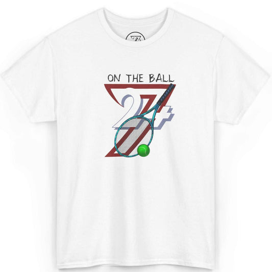 Front view of a crisp white vintage tennis graphic tee featuring the hand-drawn 90s semi-realistic On The Ball graphic, displayed on a clean background.