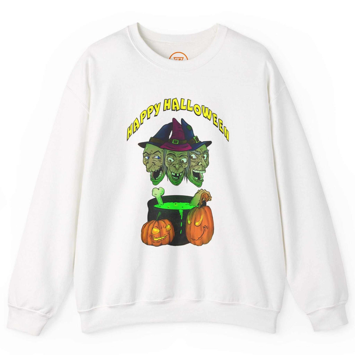 Front view of a crisp white witches and skulls graphic pullover featuring the vibrant front illustration, laid flat.
