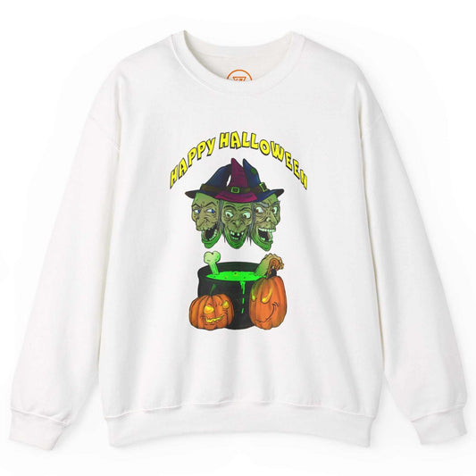 Front view of a crisp white witches and skulls graphic pullover featuring the vibrant front illustration, laid flat.