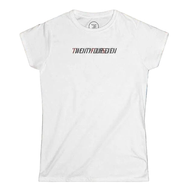 Solid white women's t-shirt front view featuring the bold hand-drawn TwentyFourSeven text logo for summer events.