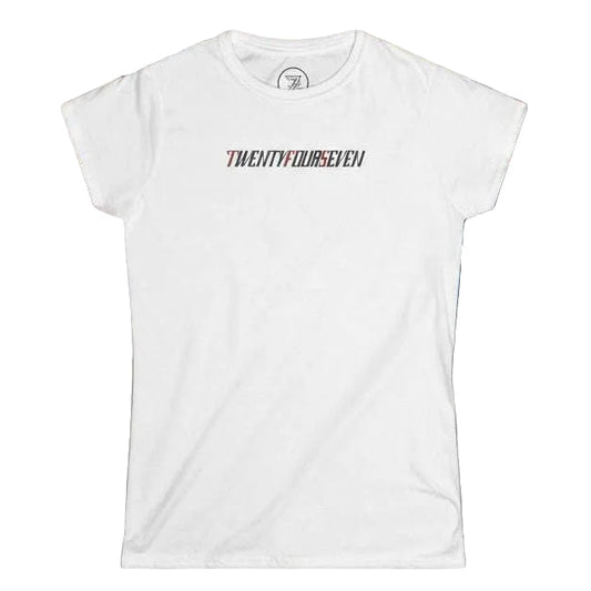Solid white women's t-shirt front view featuring the bold hand-drawn TwentyFourSeven text logo for summer events.