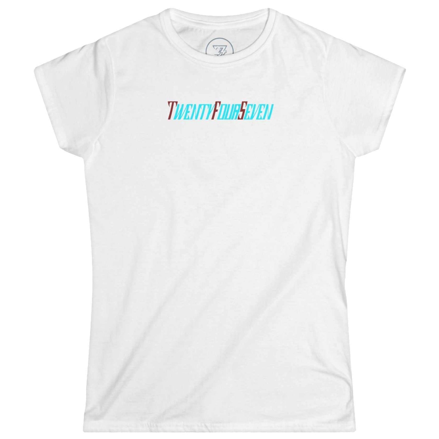 Clean white women's top showcasing the artist-designed multi-color stylized text logo on the chest.