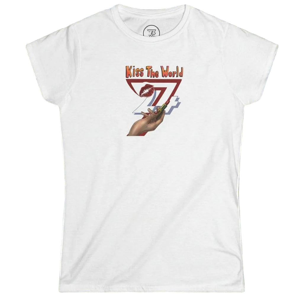 Solid white women's empowerment t-shirt front view featuring the retro-art Kiss The World lipstick hand illustration.