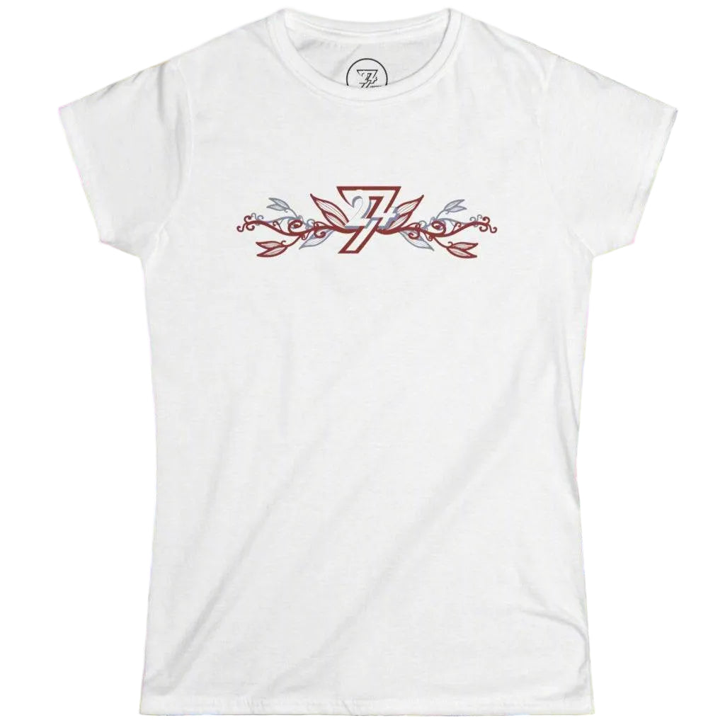White women's semi-fitted t-shirt featuring an elegant botanical floral vine woven through the 24/7 logo.