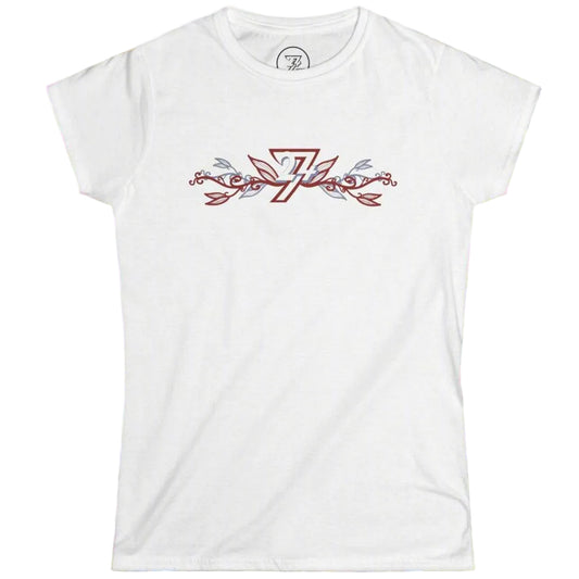 White women's semi-fitted t-shirt featuring an elegant botanical floral vine woven through the 24/7 logo.