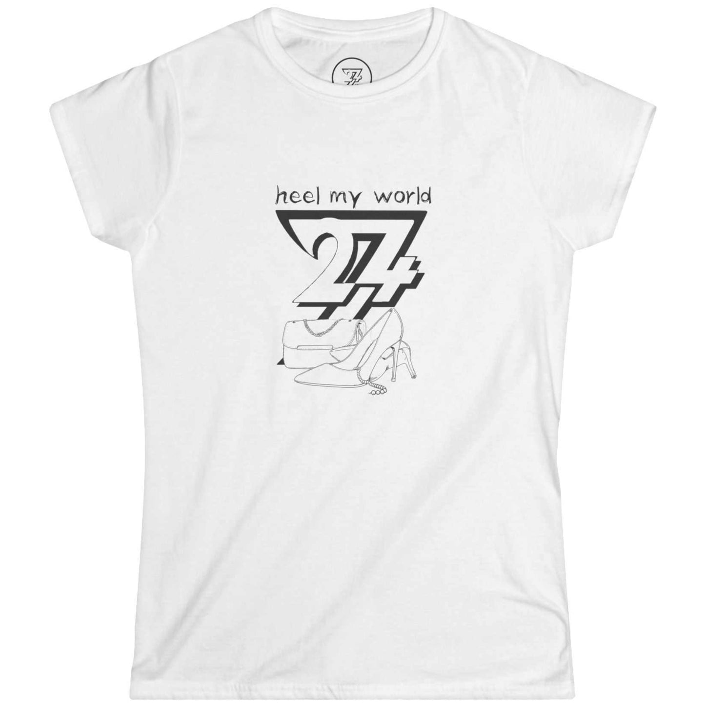 Solid white women's fashion t-shirt front view featuring the minimalist black line-art Heel My World graphic with high heels and a handbag.