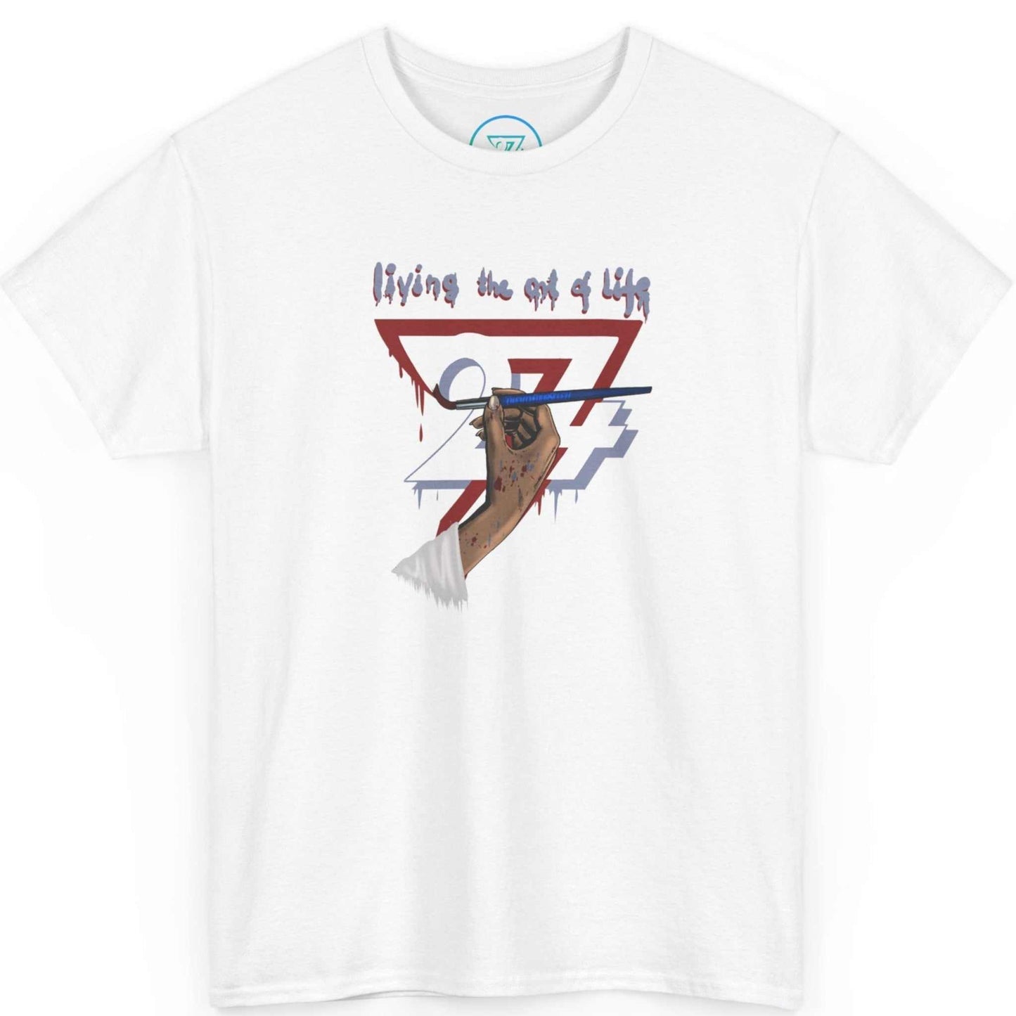 Front view of a white women's painter graphic tee featuring the hand-drawn paintbrush design, displayed on a clean background.