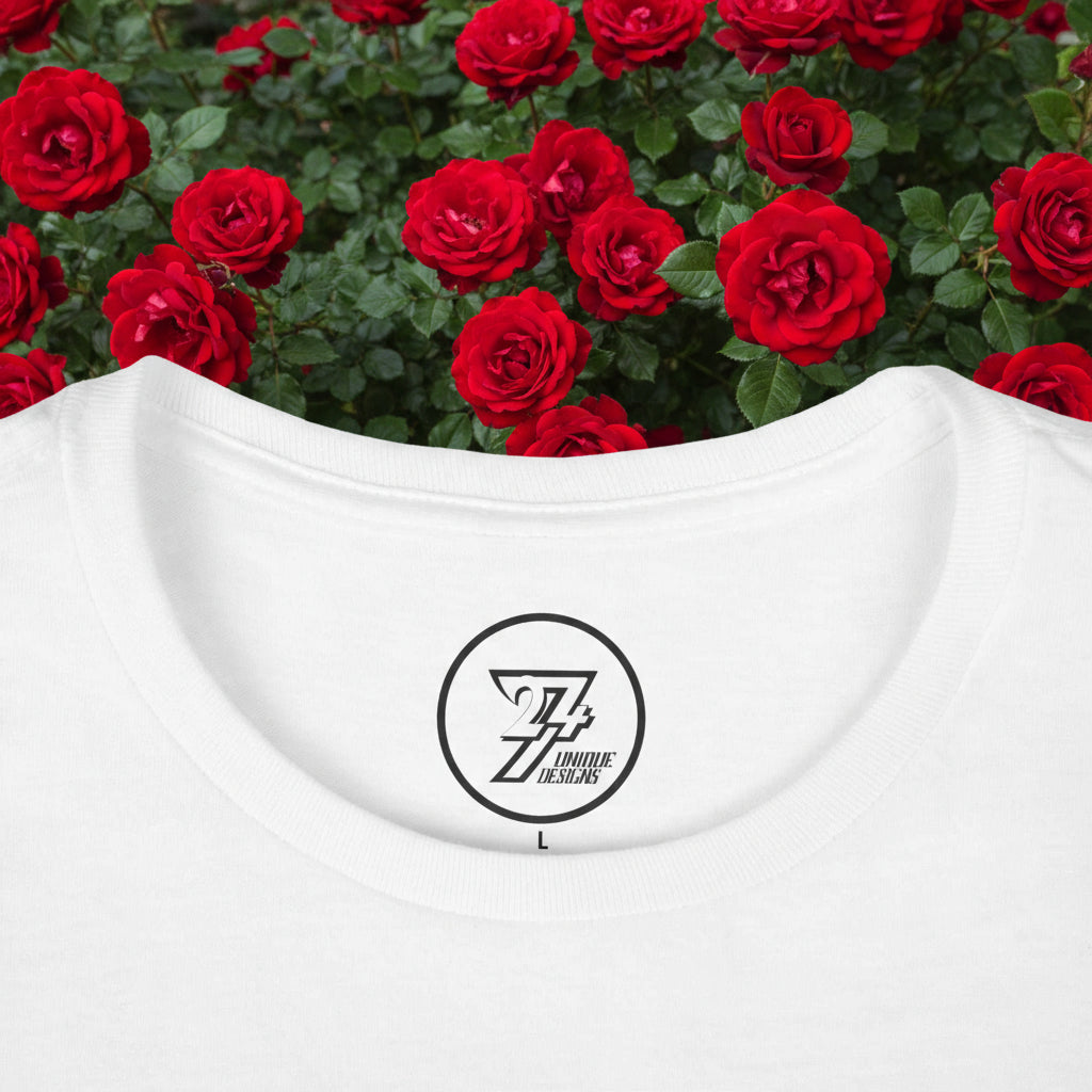 Close-up of a white crew neck collar on a women's tshirt showing the printed 24/7 Unique Designs inner neck label.