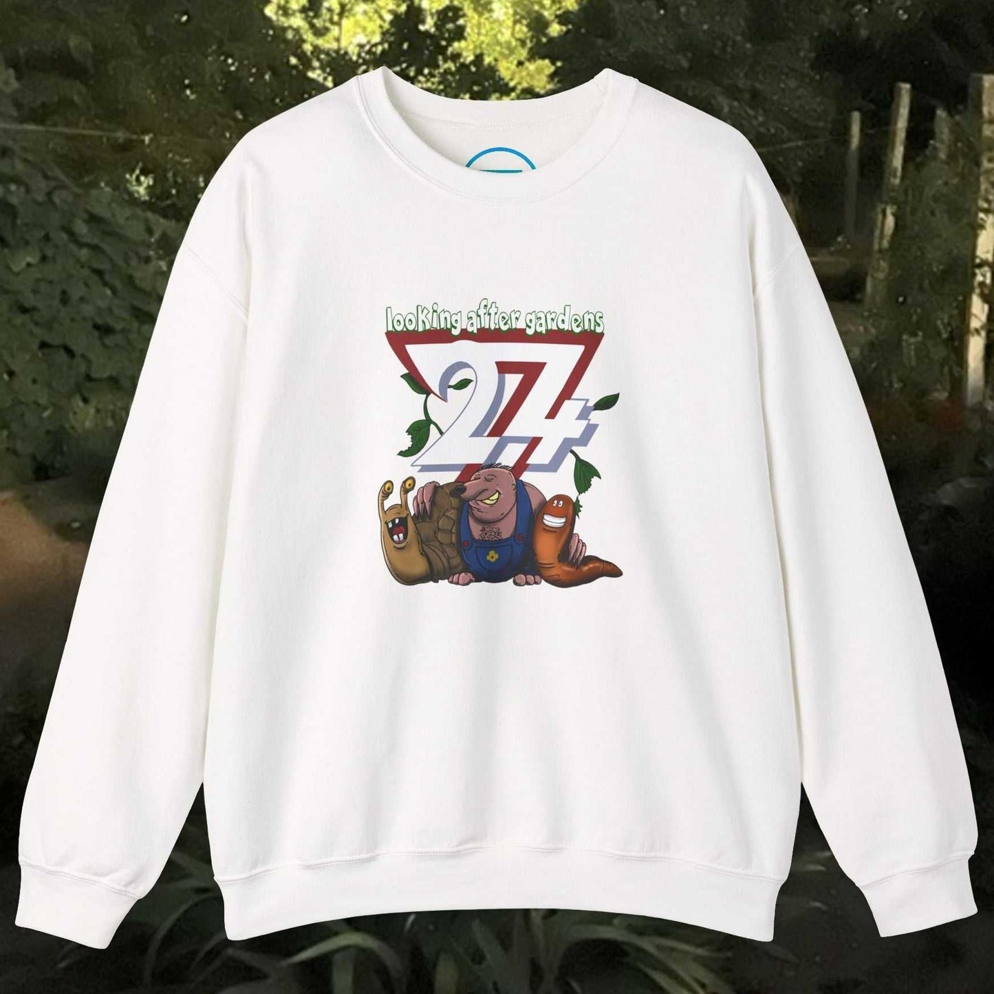 white funny cartoon sweatshirt with gardening squad illustration featuring snail, mole, and slug