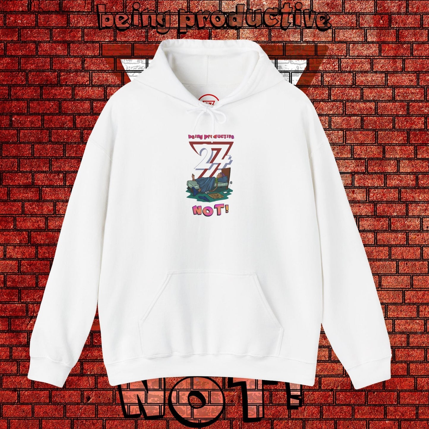 white funny custom hoodie with cartoon lazy teen graphic and text "being productive NOT!" on front