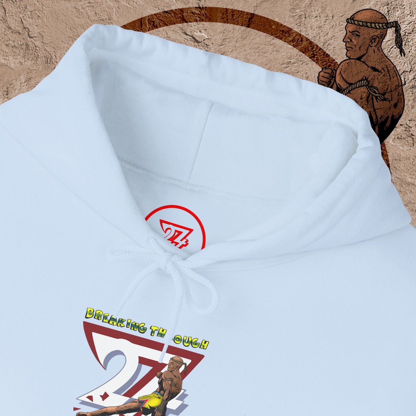 white muay thai hooded sweatshirt with colorful fighter graphic and adjustable drawstring hood