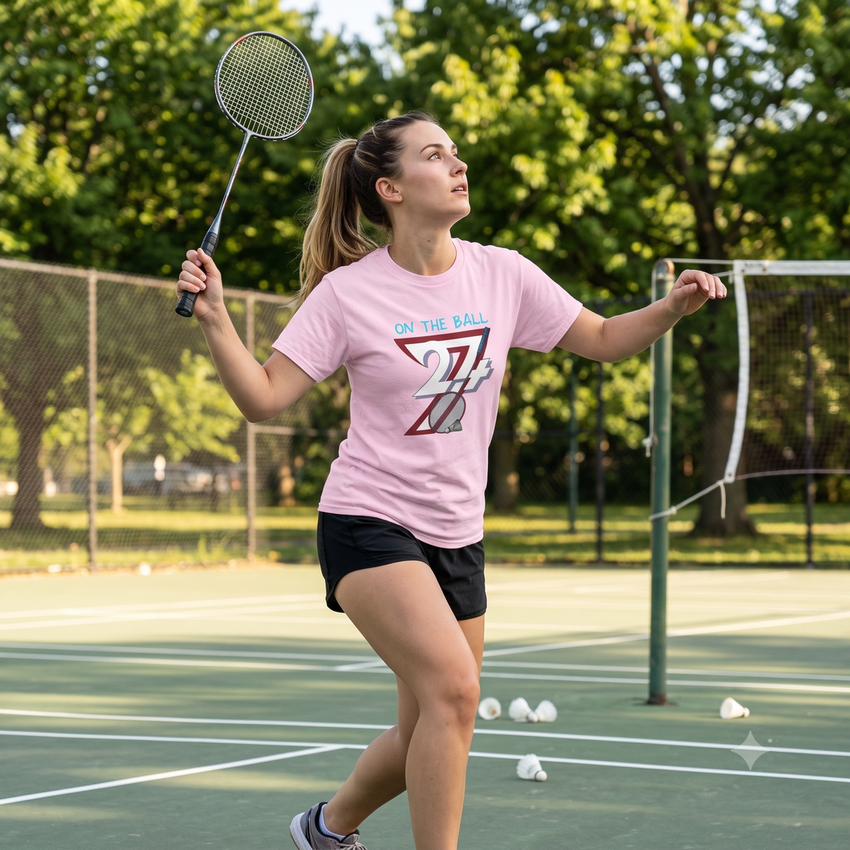 Focused young woman standing on an outdoor green court, holding her badminton racket high in preparation for a swing while wearing the light pink hand-drawn outdoor sports shirt.