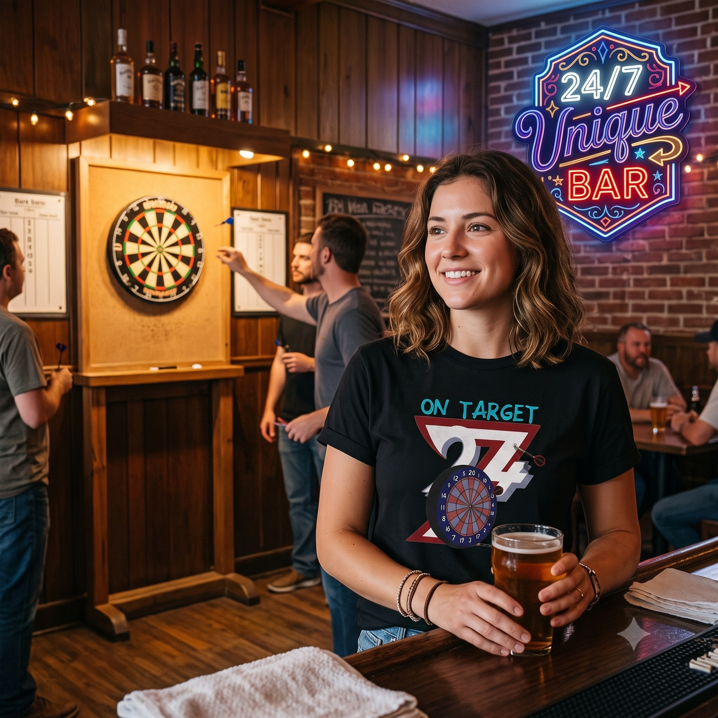 Happy young woman leaning on a wooden bar counter holding a pint of beer, wearing the black hand-drawn pub game shirt while men play darts in the background beneath a neon 24/7 Unique Bar sign.