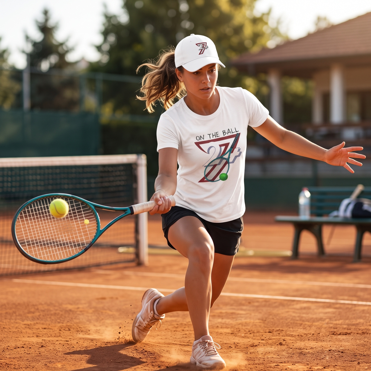Athletic woman rushing the net on a red clay tennis court wearing a white 24/7 cap and the crisp white retro tennis graphic tee, highlighting the 90s sports clothing aesthetic.