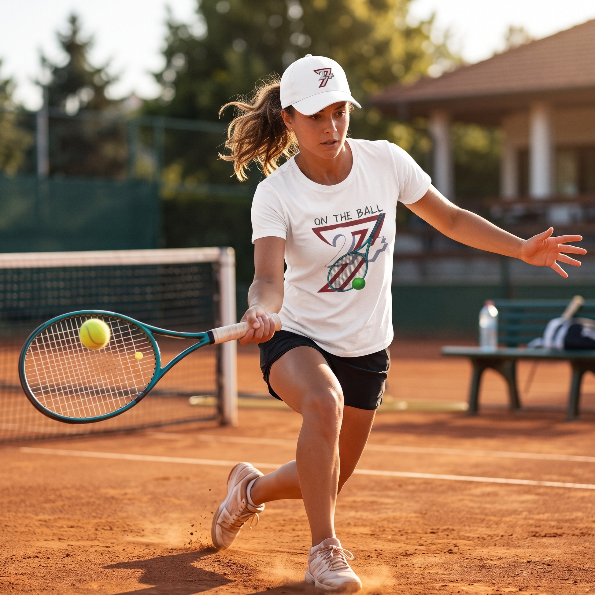 Athletic woman rushing the net on a red clay tennis court wearing a white 24/7 cap and the crisp white retro tennis graphic tee, highlighting the 90s sports clothing aesthetic.