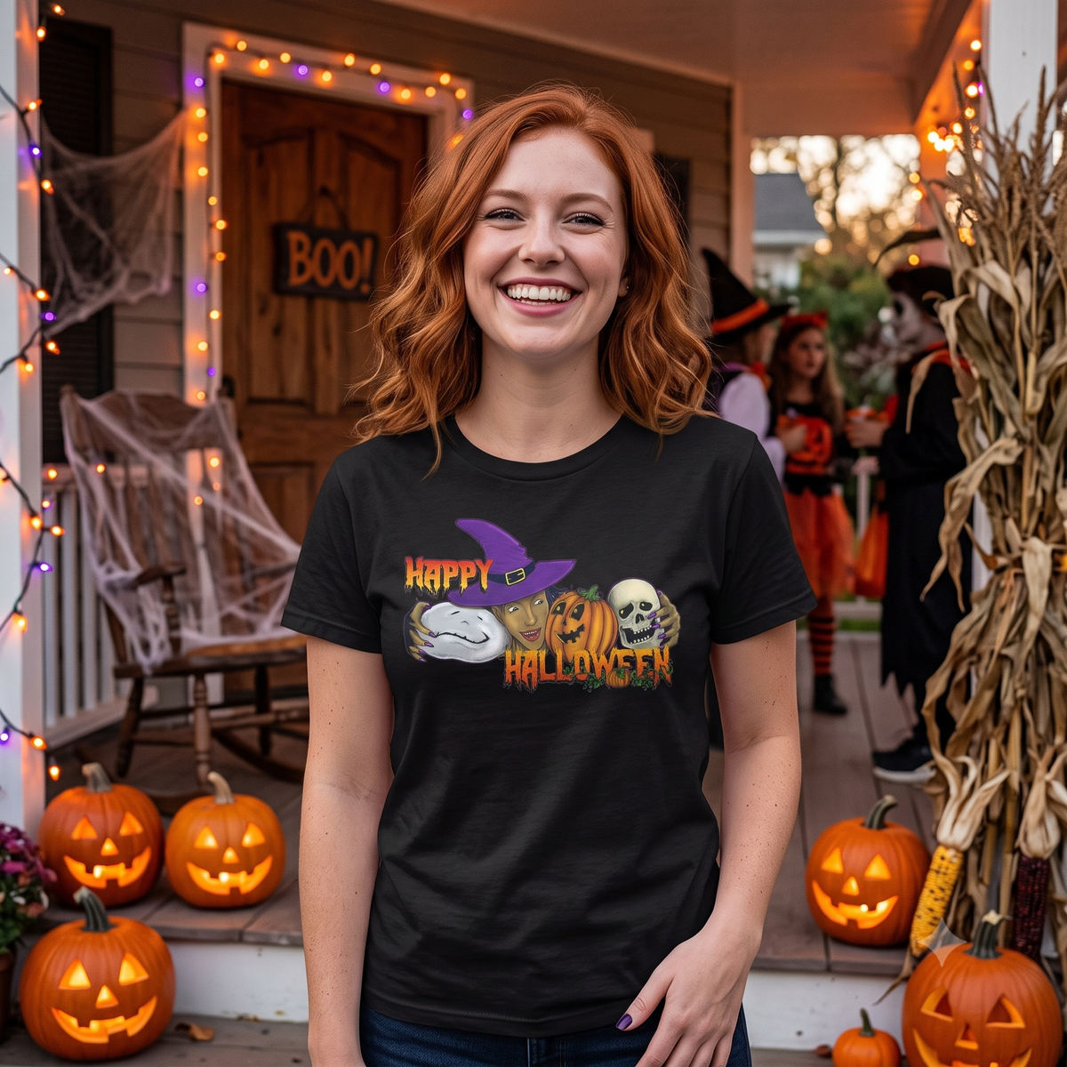 Cheerful young woman standing on a festive front porch surrounded by glowing jack-o'-lanterns, wearing the black mom trick or treat t-shirt while waiting for guests.