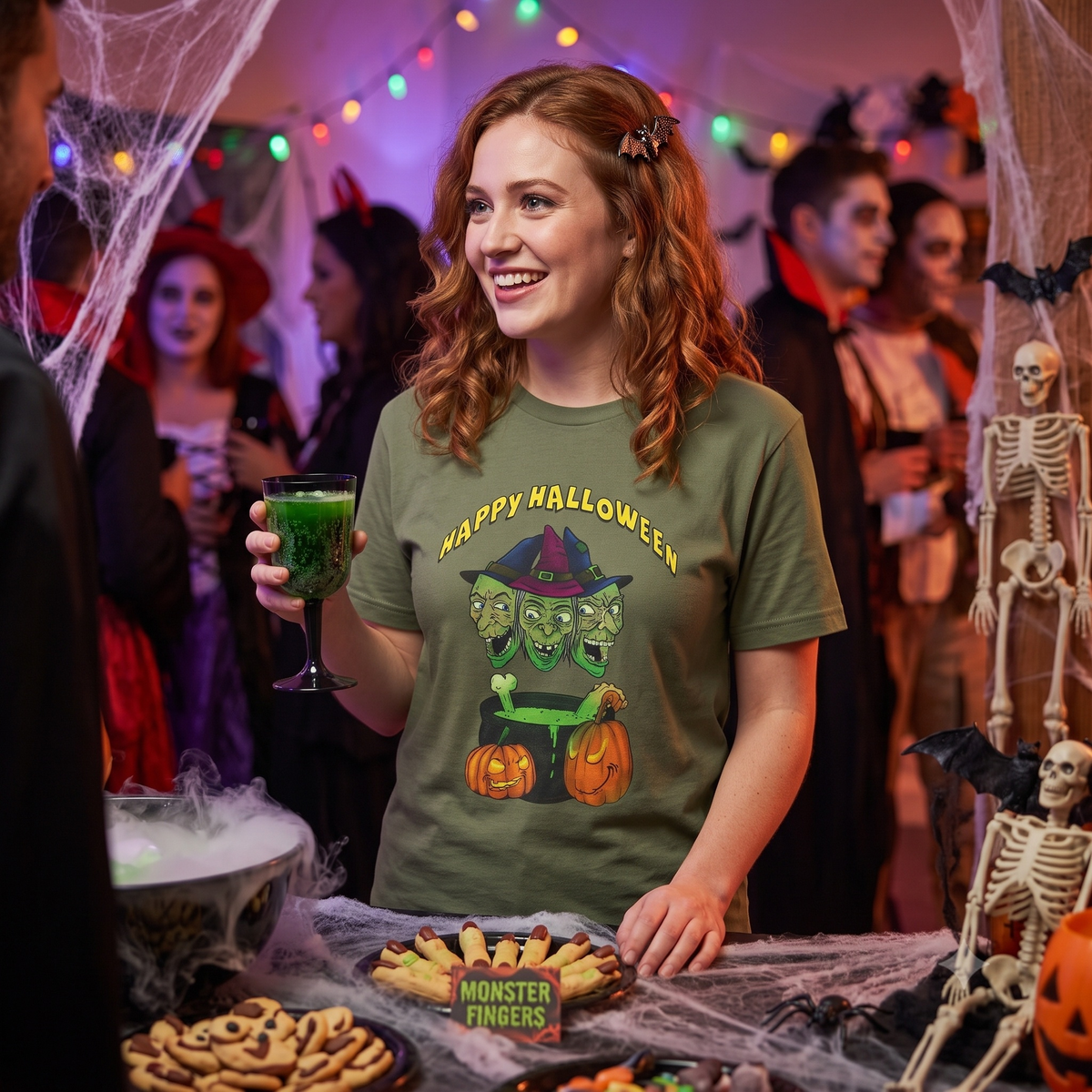 Smiling woman with auburn hair enjoying a vibrant indoor Halloween party, holding a green potion drink and wearing the army green spooky witches shirt.