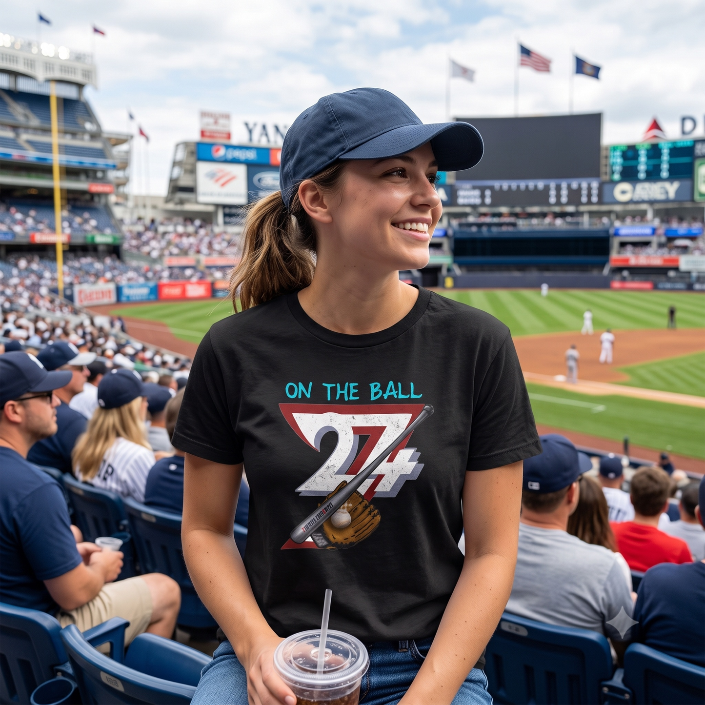 Smiling young woman enjoying a sunny day at a professional baseball stadium, wearing a navy cap and the black hand-drawn game day shirt while holding a cold drink.