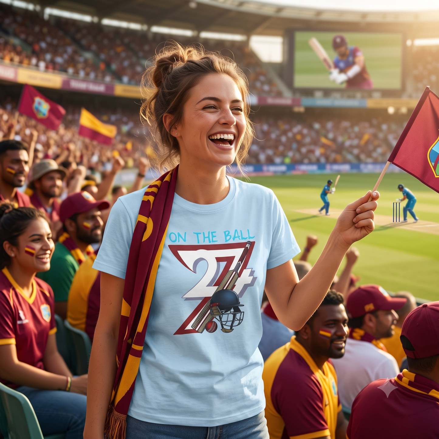 Joyful young woman cheering in a sunny cricket stadium holding a team flag, wearing the light blue hand-drawn sports shirt to showcase its comfortable fit on game day.