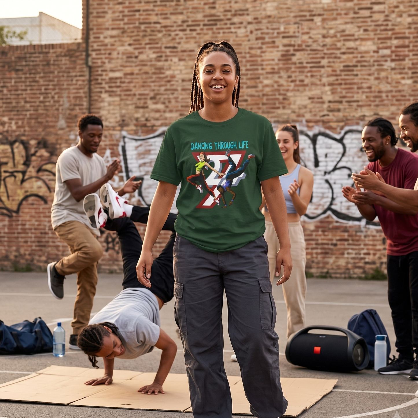 Smiling young woman standing in the foreground of an outdoor street jam, wearing the forest green 90s street dance crew graphic tee to showcase its relaxed fit, while breakdancers perform behind her.