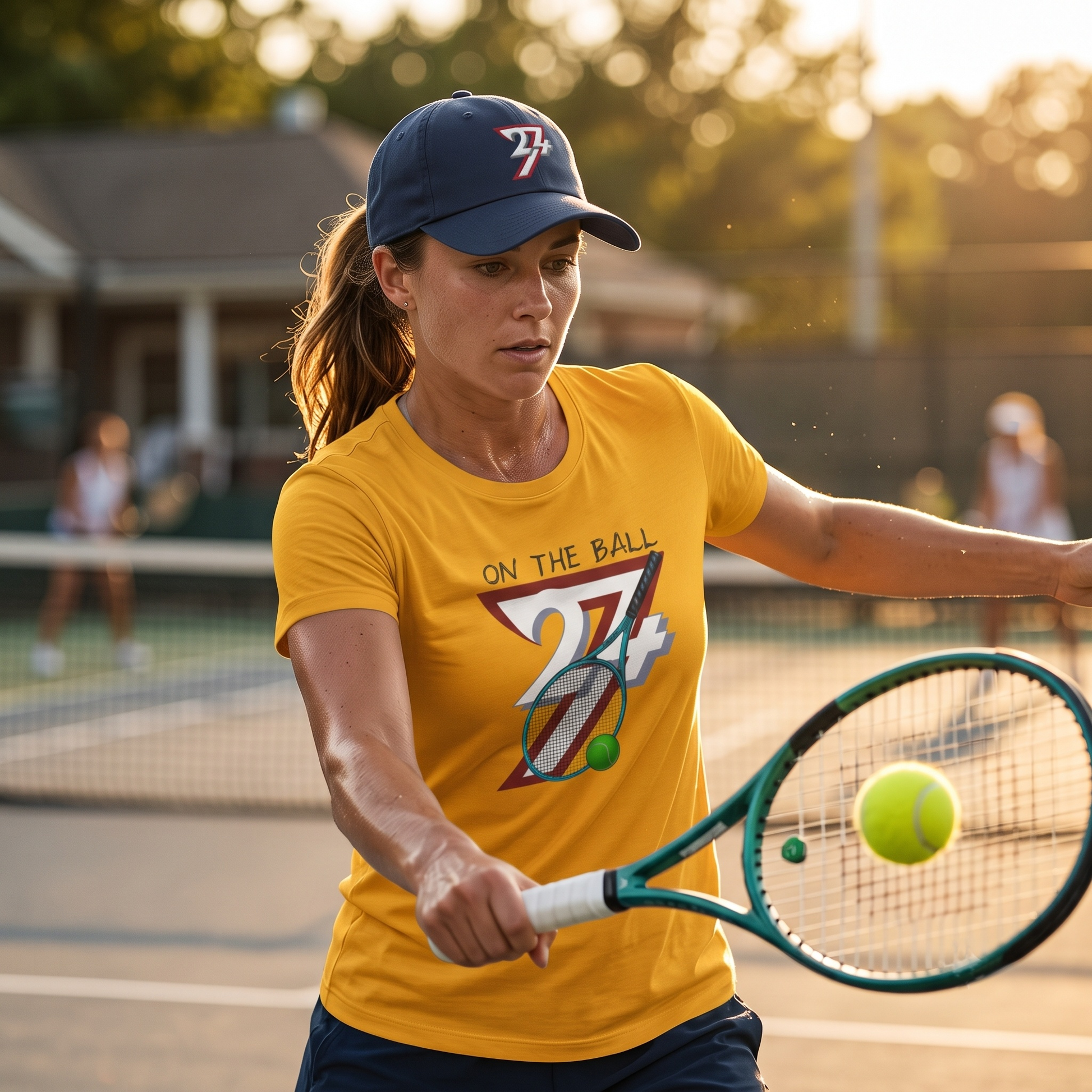 Focused woman playing tennis at sunset wearing a navy 24/7 cap and the gold vintage tennis graphic tee, demonstrating a powerful backhand swing on an outdoor court