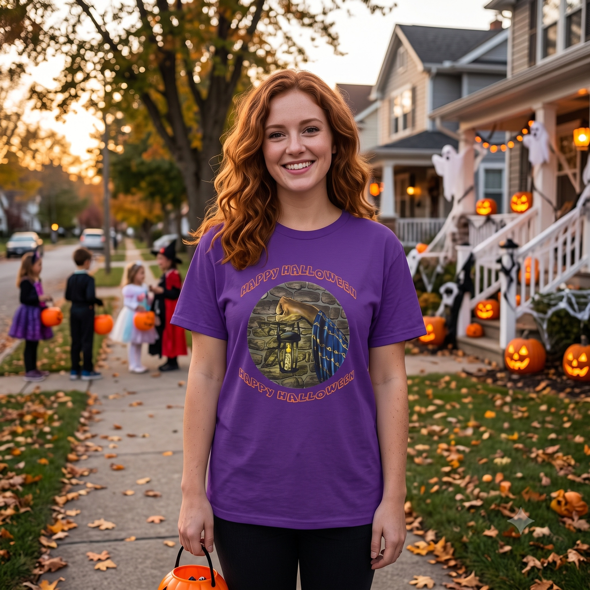 Cheerful young woman with red hair holding a pumpkin bucket on an autumn sidewalk, wearing the vibrant purple magic and mystery shirt while children trick-or-treat in the background.