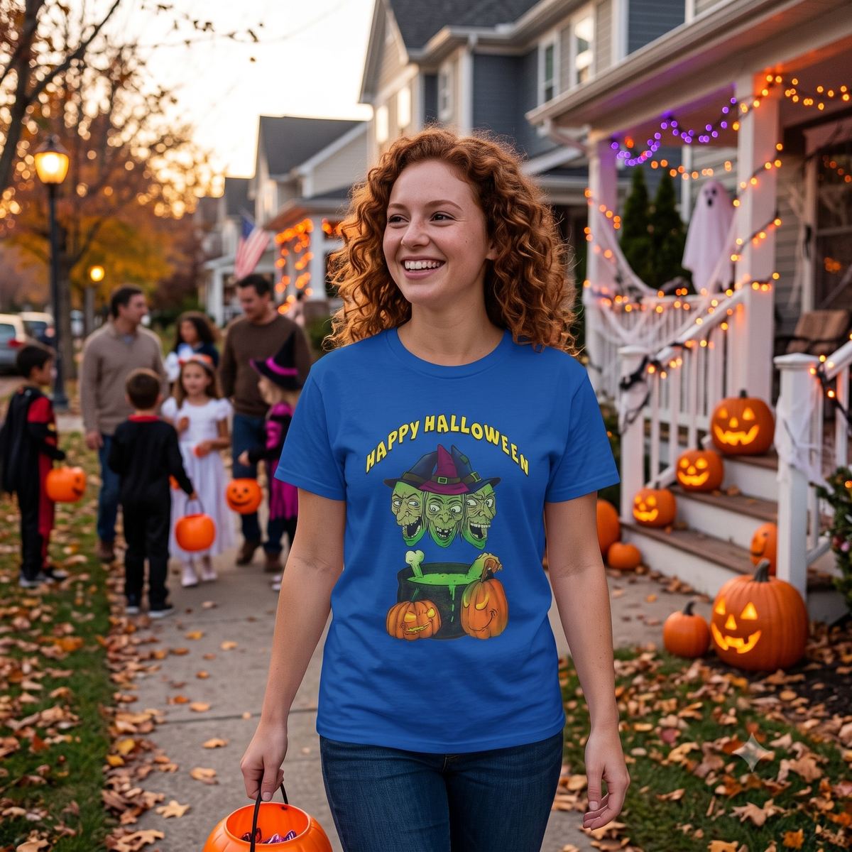 Joyful young woman with curly red hair walking down an autumn sidewalk lined with trick-or-treaters and decorated porches, wearing the royal blue front and back print Halloween graphic tee.