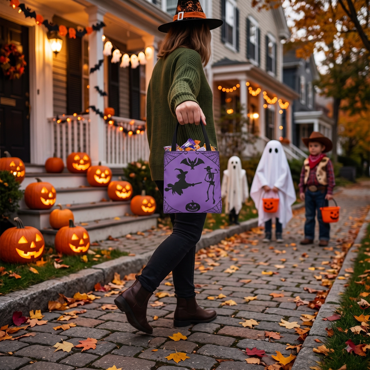 Woman wearing a witch hat walking down a festive autumn sidewalk holding the vibrant Spooky Halloween tote bag, with costumed children trick-or-treating in the background.