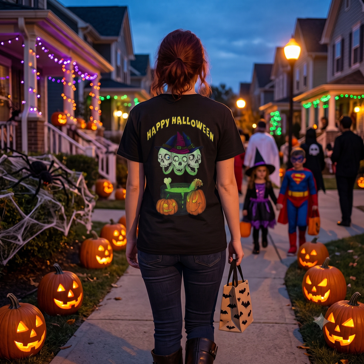 Woman walking away down a festive twilight street carrying a Halloween treat bag, showcasing the skulls graphic on the back of the black front and back print Halloween apparel.