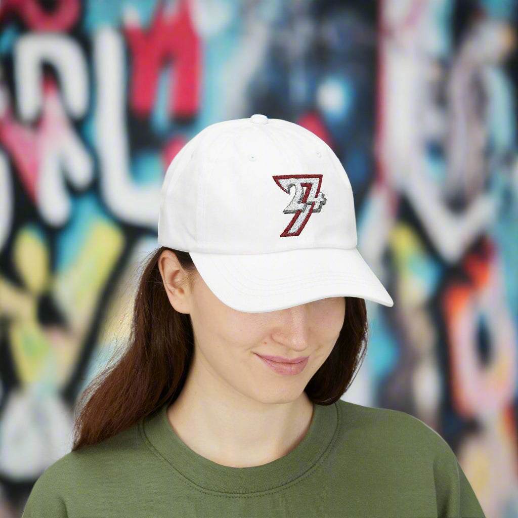 White embroidered baseball cap with 24/7 logo on front