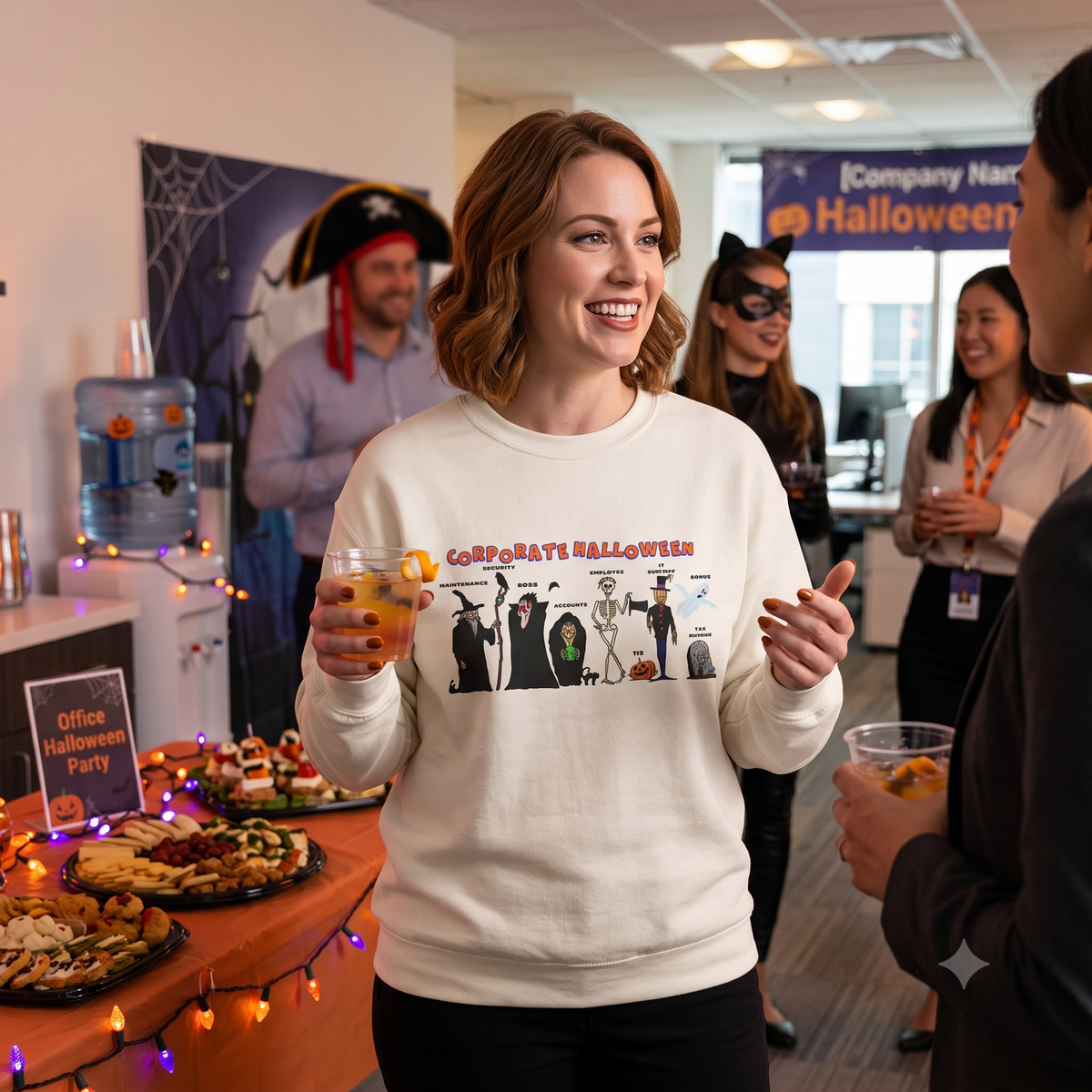 Cheerful professional woman chatting with colleagues at a workplace Halloween party, holding a festive beverage and wearing the crisp white funny colleague sweater.