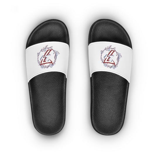 Black slides with white straps featuring 24/7 floral wreath designs on a white background