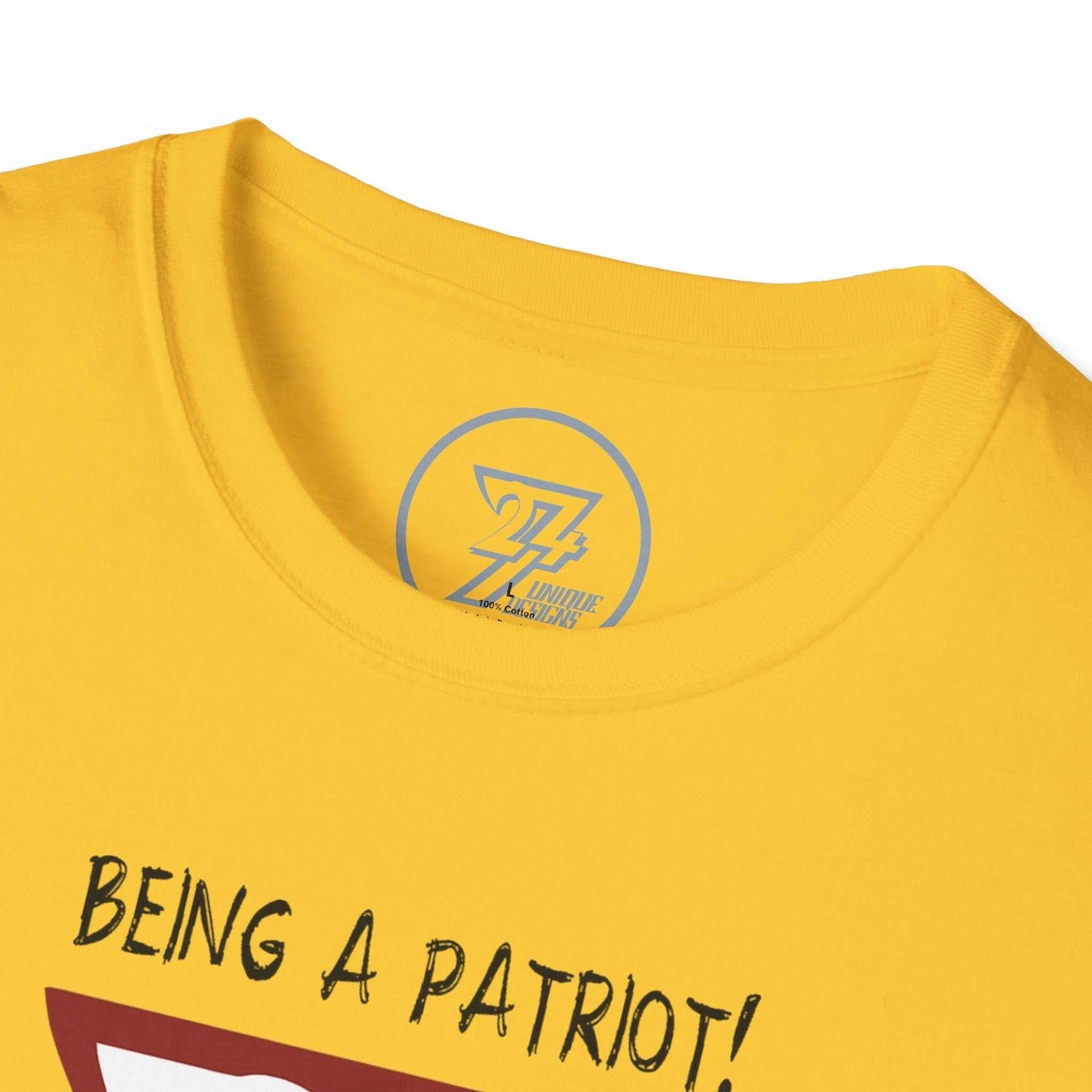 Collar view of the Yellow USA flag t-shirt with 'Being a Patriot!' text and 24/7 logo on a white background