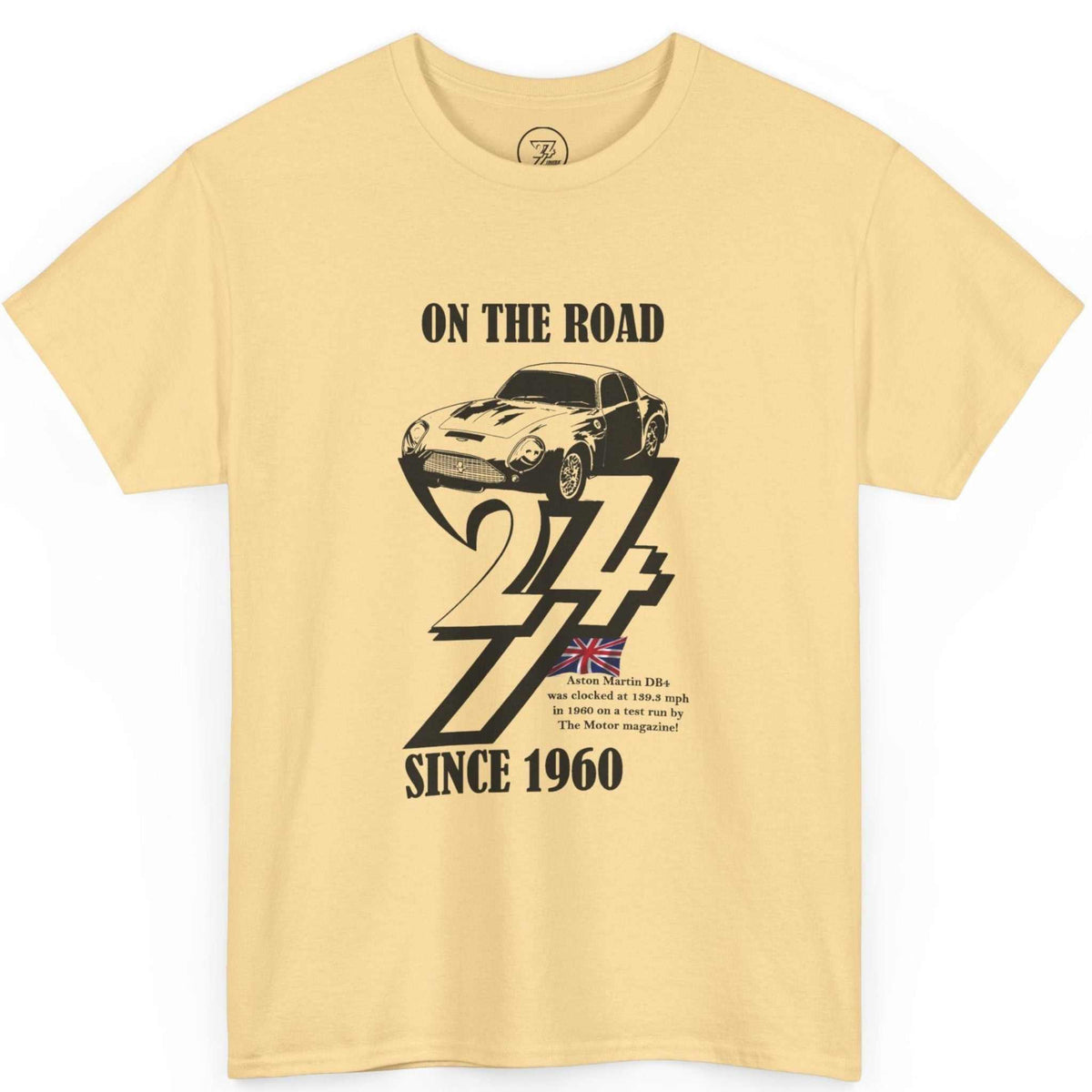Front view of a yellow haze born in 1960 t-shirt featuring the digitally hand-drawn 1960 Aston Martin DB4 illustration, displayed on a clean background.