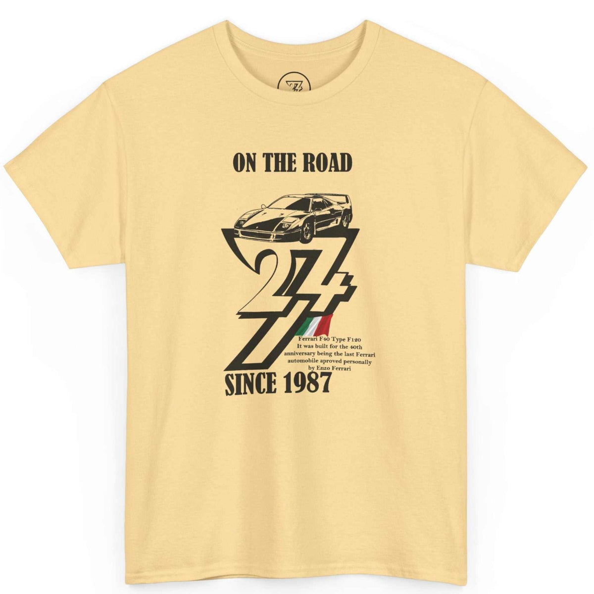 Front view of a yellow haze 1987 birthday gift for men tee featuring the black Ferrari F40 graphic and Italian flag accents, displayed on a clean background.