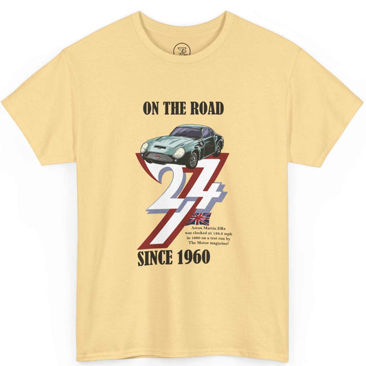 Front view of a yellow haze British car enthusiast gift tee highlighting the colorful 1960 birth year design, laid flat.